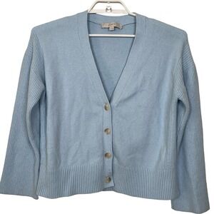 LOFT Baby Blue Ribbed Knit Button Front‎ Cardigan Sweater M Oversized Cropped